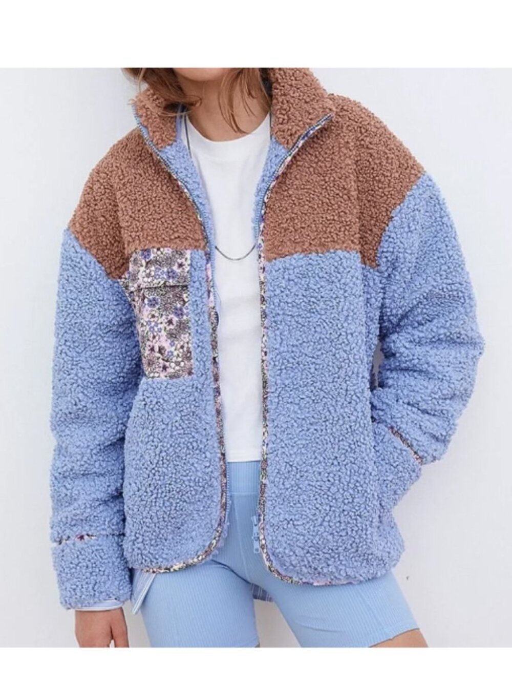 FOR LOVE & LEMONS Saide Floral Fleece Jacket Blue Sherpa Colorblock, Size M